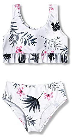 Arshiner Ensemble De Bikini Filles Bustier Volants Culotte Bikini Maillot Bain Deux Pièces Feuilles Et Fleurs Ensemble Maillots Bain Plage D'été pour Enfants 11-12 Ans
