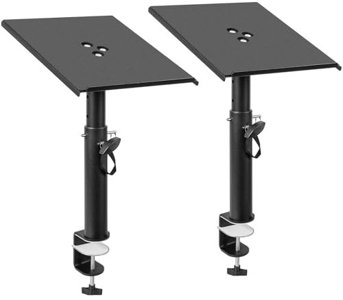 IBVIVIC 2 x Supports d'Enceintes à Pince de Table, Pied d'Enceinte Réglables en Hauteur, Support de Bureau pour Haut-parleurs, Inclinaison +/-12° avec Une Charge jusqu'à 15 KG (Noir)