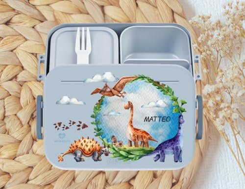 wolga-kreativ personalisierte Mepal Brotdose mit Dino Motiv - Mepal Brotdose Kinder, Jausenbox Kinder, Brotdose Kinder Mepal, Brotdose Kinder mit Fächern Mepal, Kindergarten Brotdose