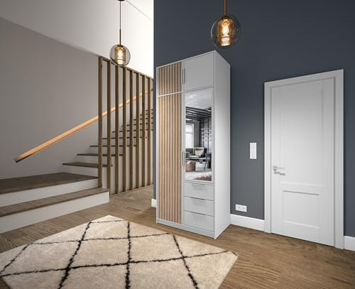 Easy4You Bali D3 Weiß/Eiche Wotan Kleiderschrank mit Verlängerung 100x245x57,5 cm mit Spiegel - Schlafzimmermöbel, Aufbewahrung – Mehrzweckschrank Lamellen auf der Vorderseite und 3 Schubladen