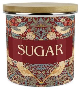 Purely Home Red Strawberry Thief Sugar Storage Canister - Morris Inspired Floral Tapestry Artwork - Large Enamel Hot Drinks Kitchen Storage Container