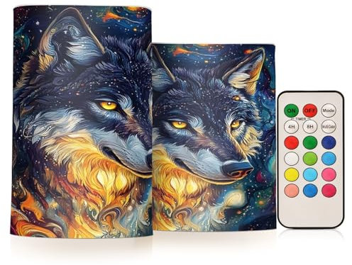 Mnsruu Flammenlose Kerzen Wolf Blau Wirbel Kosmos Galaxie LED Kerzen Flackern mit Fernbedienung Timer Batteriebetriebene Kerzen 2er Set Home Hochzeit Dekoration