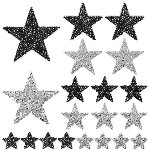 20 Stück Bügelbilder Stern Patches zum Aufbügeln, Sterne zum Aufbügeln Sterne Aufbügelbilder Aufkleber Schwarz Silber Strass Stern Patches für Kleidung Kleid Hosen Jeans Hüte Taschen 8/6/4/2cm