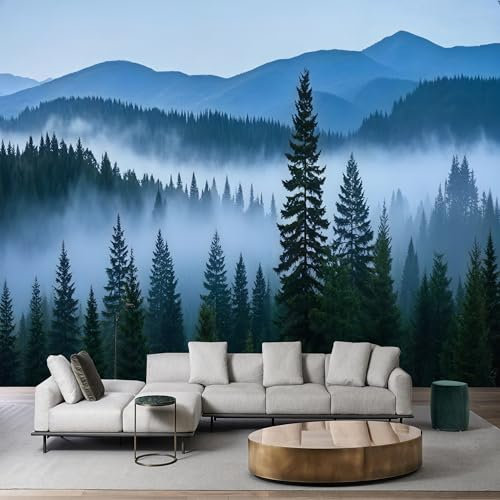 Papier peint autocollant amovible pour salon, chambre à coucher et espace zen Vert forêt brumeuse