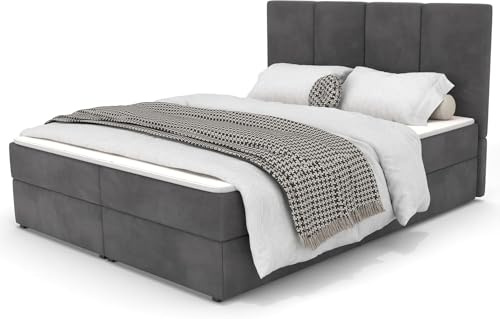 Muralo - Boxspringbett 180x200 cm - Polster-Bett mit Stauraum und Bonell-Matratze H4 - Doppelbett mit gepolstertem Kopfteil - Graphit