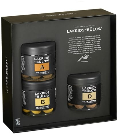 LAKRIDS BY BÜLOW - Geschenkbox 3er Set - A, B & D - The Original, Passion Fruit, Salt & Caramel - Gourmet Lakritze umhüllt von Schokolade