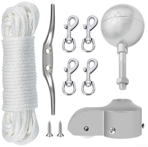 Fahnenmast-Hardware-Reparatur-Set, robustes Fahnenmast-Reparatur-Set mit Kugelendstück aus Aluminiumlegierung, Nylonseil, Riemenscheibe, Klampe und Anti-Verhedderungs-Drehhaken