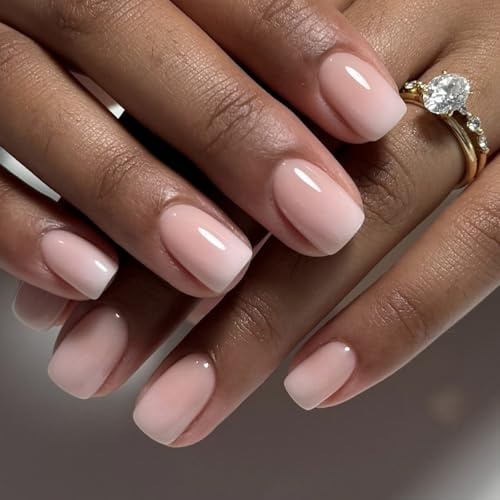 24PCS Short Square Press On Nails – Nude White Gradient & Pink Ombre Design, ABS Material False Nails with Jelly Adhesive Tabs, Easy Apply, Elegant Minimalist Style for Women DIY Art