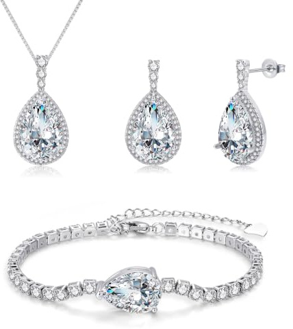 Lynizo Schmuck Set Damen, 925 Sterling Silber Ohrhänger Halskette Armband | Hochzeit Schmuckset für Damen mit AAAAA Zirkonia, Tropfen Hypoallergen Brautschmuck für Mädchen Frauen, Klassisch Modeschmuck