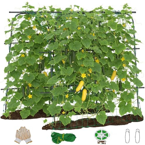 163x163cm Gurken Rankhilfe Set, U-förmiges Rankgitter Gemüse Kürbis Hochbeet, Wetterfestes Pflanzenstütze Set für Garten & Hochbeet Stabiles Spalier für Erbsen & Kletterpflanzen, inkl. Netz & Zubehör