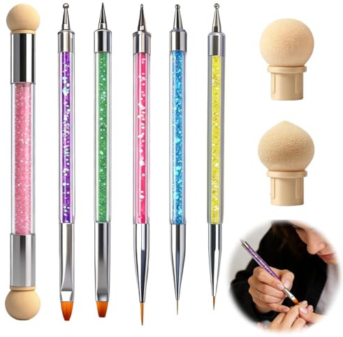Pinceaux Nail Art 6 Pièces, Pinceaux Gel Ongle Double-tête, Pinceau à dégradé avec 2 têtes d’éponge, Pinceau Nail Art Ongles Adaptés pour le Dessin Au Trait la Peinture Et le Pointillé