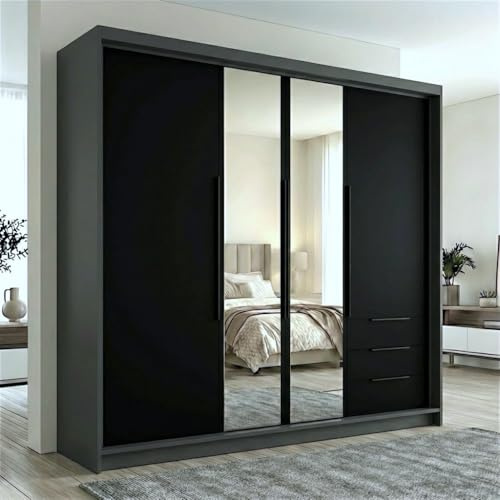 A&J MöbelLand VIVO Kleiderschrank 4-türig mit Spiegel und Schubladen – 200 x 215 cm – Drehtürenschrank mit Kleiderstange und Einlegeböden