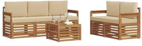 vidaXL Sofagarnituren 6 pcs Natur und Beige Massivholz Akazie, Moderne Gartenmöbel, strapazierfähiges Outdoor-Sofa, Lounge-Set für die Terrasse, bequemes Sitzen draußen