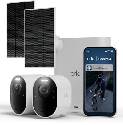 Arlo Ultra 3 4K 2-Kamera-Set & Solar, Überwachungskamera Aussen, kabellos | 180° Überwachungskamera für außen, 4K Ultra HD, KI-Erkennung, Auto-Tracking, Farb-Nachtsicht, Zwei-Wege-Audio, mit SmartHub