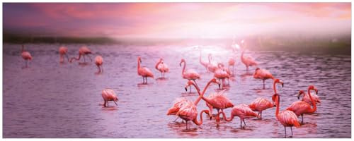 Wallario Memoboard aus Glas mit Motiv, Magnet-Tafel in 32 x 80 cm in Premium Qualität Rosa Flamingos bei Sonnenuntergang