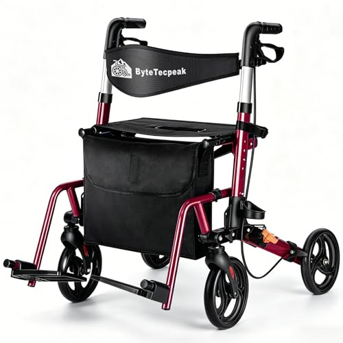 ByteTecpeak R3 Leichter 2-in-1 Rollator und Rollstuhl-Kombination, mit Fußstützen, Gehstock, faltbar, höhenverstellbar, mit Rollstuhlfunktion, bis 100 kg belastbar, Rot