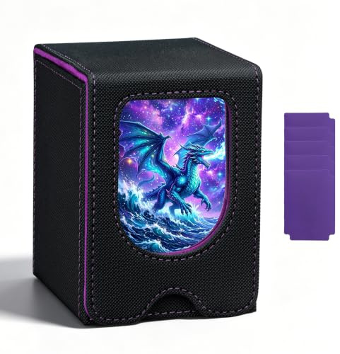 Mcbazel Caja para Mazos TCG con Ventana Exhibidora, Portamazos Magnético con 5 Separadores para MTG Commander, PMTCG, YuGiOh, Funda para Más de 100 Cartas con Doble Funda-Negro y Púrpura