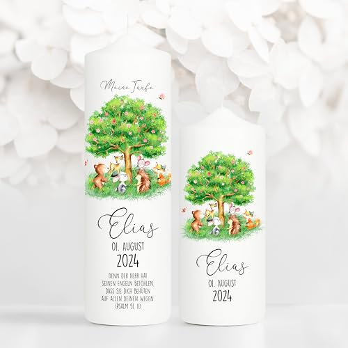 Wandtattoo Loft Taufkerze Junge oder Mädchen mit Taufspruch + Patenkerze, Motiv Baum mit Waldtieren, 25cm x 7cm, personalisierte Kerze, bedruckte Kerze Taufe, Stumpenkerze, Geburtskerze, Taufgeschenk
