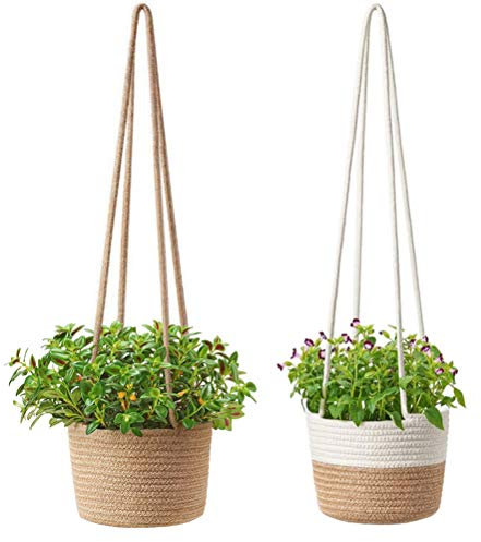 Yumira Blumentöpfe Hängende, geflochtene Seegras Pflanzkorb Pflanzentöpfe Pflanzkübel Wanddekoration Pflanzentopfhalter mit Seil innen und außen, Balkon, Garten 2 Stück
