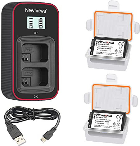 Newmowa NP-FW50 Batería de Repuesto (Paquete de 2) y Cargador USB Dual con Pantalla LCD Inteligente para Sony FW50 y Sony a6000,a6100,a6300,Alpha a3000,Alpha a5000, ZV-E10