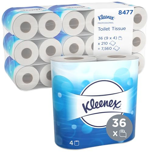 Papier toilette taille standard Kleenex 8477 - Papier toilette 2 épaisseurs - 9 paquets de 4 rouleaux x 210 feuilles de papier toilette blanc (36 rouleaux/7 560 feuilles au total)