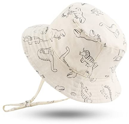 XIAOHAWANG Baby Sonnenmütze Jungen Sonnenhut UV Schutz Baby Mädchen Mütze Sommer Atmungsaktiv Kinder Fischerhut Mit Mesh-Futter (Weiß Dinosaurier, 0-3Monate)