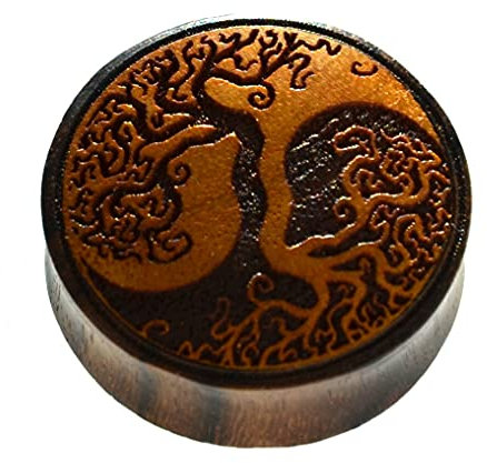 CHICNET Flesh Plug Yggdrasil Baum des Lebens Lebensbaum Yin Yang Holz Sonoholz Jackfrucht double flared Tunnel Expander Dehner Ohr Piercing Damen Herren Wikinger Viking Celtic 14 mm