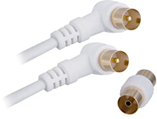 APM Cavo TV Antenna 9,52 mm, a gomito 2 metri, connettori oro maschio/maschio, cavo coassiale 90° bianco con adattatore femmina/femmina incluso, compatibile TV decoder TNT spina a parete 9,52 mm,