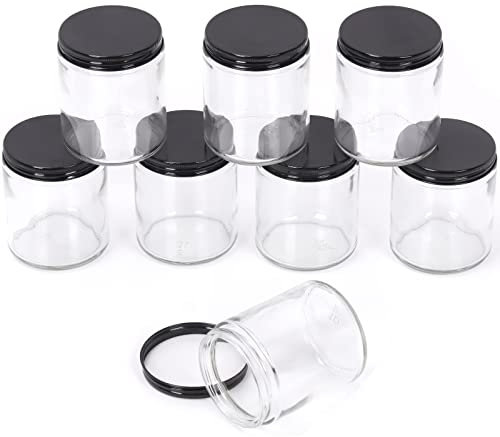 Swpeet 8 - Pack 8 Oz - pot en verre transparent 240 ML avec couvercle noir combo Kit, récipient rond, pots en verre cosmétique avec couvercle, de voyage, récipient cosmétique pour crème, Lotion