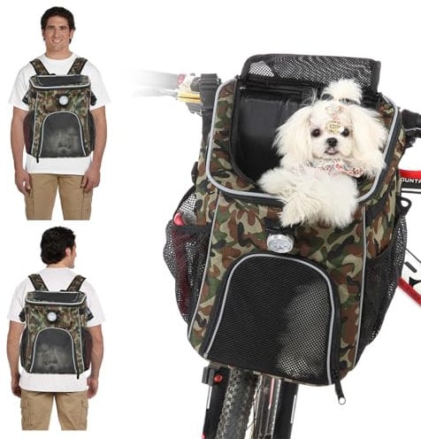 PETCUTE Haustier Fahrradtasche für Hunde Katzen,Faltbarer Hundekorb Fahrrad Vorne mit Seitentaschen,Atmungsaktiv Fahrradkorb Vorne für Kleine Mittlere Hunde mit Reflektierende Bänder und Licht