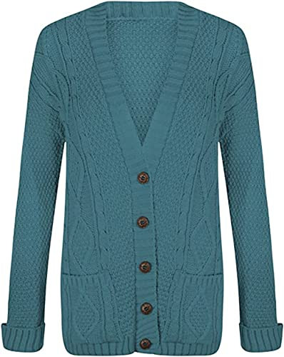 Purple Hanger Women’s New Long Sleeves Ladies Chunky Aran Cable Knit Button Grandad Cardigan Sweater Plus Size 8-26 (14-16, Teal)
