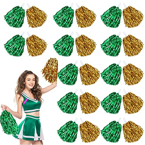 Cheerleading-Pompons, Metallfoliengriff, Cheer Squad Team, temperamentvoller Spaß für Party, Sport, Tanz, je 30 g Gewicht (Gold, Grün), 24 Stück