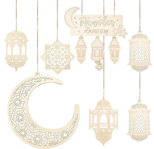 Holz Anhänger Ornament, Eid Hängendes Zeichen, Deko Zuckerfest zum Aufhängen, Eid DIY Dekorationen mit Mond Stern Pendelleuchte Windform Halbmond Ornament für Muslimischen Islam Eid Al-Fitr