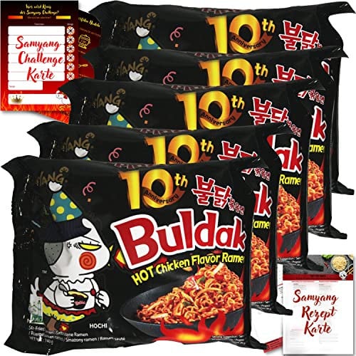 asiafoodland - Samyang Buldak Ramen Set - Original - Feuerhuhn Nudeln aus Südkorea - mit Challenge-, u. Rezeptkarte, 5er Pack (5 x 140g)