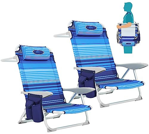 #WEJOY Faltbarer Strandstuhl für Erwachsene, 4 Positionen, Aluminium, leicht, niedrig, Campingstühle mit Schultergurt, Getränkehalter und Kopfstütze, unterstützt 120 kg für Rasen im Freien (Blaue