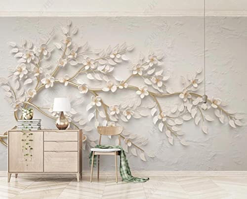 Papier Peint Panoramique Branches Dorées Fleurs Blanches En Relief Papier Peint 3D Intissé Decoration Murale Chambre Salon