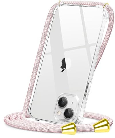 CAROKI Crossbody Case for iPhone 13,Necklace Mobile Phone Cover with Cord Strap Clear Transparent TPU Soft iPhone 13 Cover Holder with Neck Cord Lanyard Strap-Rose Gold