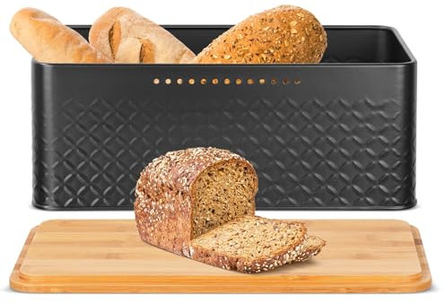 Widousy Bread Bin with Bamboo Lid, Black Bread storage box – Bread Holder Bin for Kitchen Countertop Storage Organizer (Black