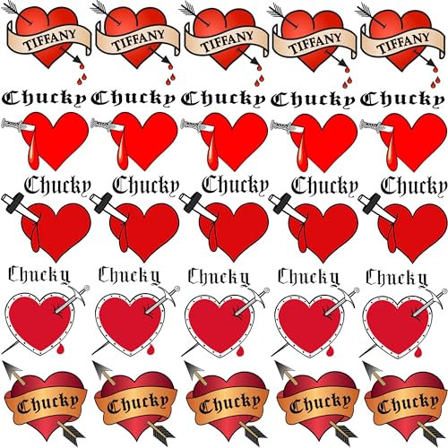 LAROI 25 Stück Braut von Chucky Tattoo Herz Frauen Mädchen Kinder, Tiffany Kostüm Bride of Chucky Festival Zubehör, 3D Halloween Gesicht Fake Temporäre Tattoo Aufkleber Klebetattoos Erwachsene