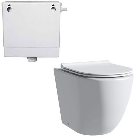 Robanmoa Rimless Back to Wall Toilet and Concealed Cistern Comfort Height Toilets, BTW High Bathroom Toilets White Ceramic WC Pan Soft Close Seat Modern Round Compact Toilet