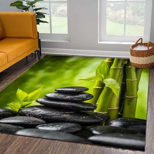 Moderne Pflanze Grüner Bambus Teppiche Gegend, Schwarzer Zen-Stein Kurzflor Kinderteppich - für Terrasse Garten, Küche, Bad 160 x 200cm