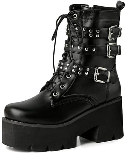 EXECAB Damen-Stiefeletten zum Schnüren, Gothic-Punk-Stil, Nieten, Knöchelriemen, Metallschnalle, Plateau, Blockabsatz, Biker-Stiefeletten,Schwarz,39 EU