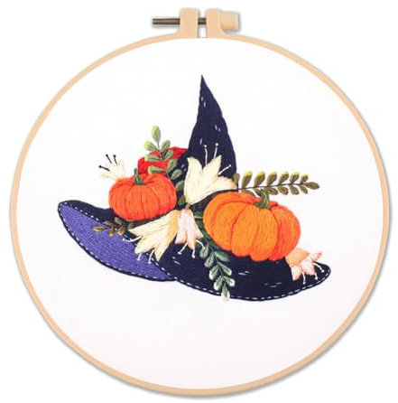 YEESAM ART Stickerei Starter Kit mit Kürbis Hut Halloween Muster, komplettes Set DIY Stickerei Kreuzstich Kits für Erwachsene Anfänger Handarbeit Nähen
