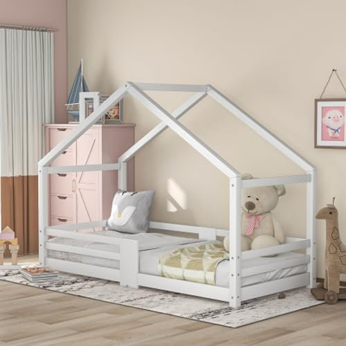 buiesjole Kinderbett 90x200 cm Hausbett Mit Schornstein Rausfallschutz Und Lattenrost Bodenbett Kiefernholz Für Kinderzimmer Jugendbett Für Kinder Und Jugendliche Weiß