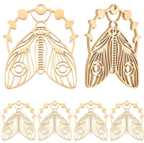 Beebeecraft 6 x Anhänger in Form eines Mondschmetterlings, aus Edelstahl, 18 Karat vergoldet, für die Herstellung von Schmuck, Halsketten, Ohrringen, Bastelbedarf, 30x26x1.5mm, Edelstahl vergoldet mit