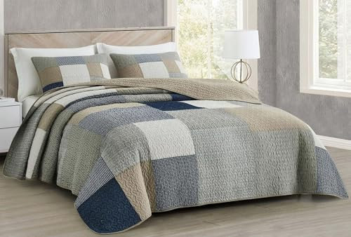 Chezmoi Collection Addy Patchwork-Steppdecken-Set aus vorgewaschener Baumwolle, leicht, wendbar, für alle Jahreszeiten, Übergröße, 3-teilig, Marineblau, weiß, grau, Taupe, kariert