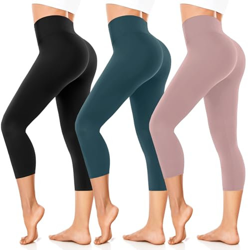 FuelMeFoot 3/4 Leggins Capri Vita Alta Donna, Sportivi Vita Alta Anticellulite Pantaloni, per Sport, Fitness,Pilates,Yoga, Allenamento, Corsae, Palestra.B3-Nero/Verde Scuro/Rosa L/XL