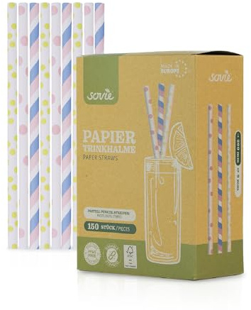 Mank Trinkhalme aus Papier, Papiertrinkhalme, Papier, Umweltfreundlich, Robust & Vielseitig einsetzbar, Strohhalme (150, Pastell Punkte-Streifen-Punkte farbig, Ø 8 mm / 20 cm)