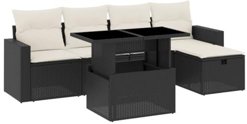 vidaXL Garten Sofa Garnitur 6-TLG., Gartenmöbel Set mit Kissen Modular, Lounge Sitzgruppe für Garten Terrasse, Gartentisch Verstellbare Tischplatte, Schwarz Poly Rattan