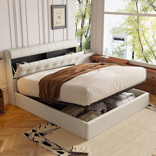 Kayan Upholstered Bed 135 x 190cm, Ottoman Storage Bed with Hydraulic Lever, Concealed Headboard Storage, PU Faux Leather Ottoman Lift Up 4FT6 Double Bed Frame, No Mattress (Cream White, 135 x 190cm)